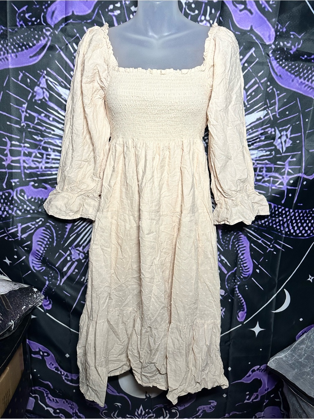Smocked Square-Neck Midi Dress in Cream